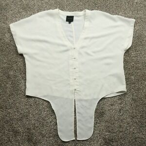 Alex Marie Blouse Women's Large White Short Sleeve Button V-Neck Tie Back‎ Top